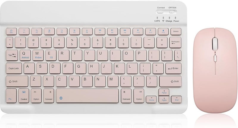 Guiheng Bluetooth Keyboard and Mouse Combo Rechargeable Portable Wireless Keyboard Mouse Set for Apple iPad iPhone iOS 13 and Above Samsung Tablet Phone Smartphone Android Windows (10 inch Pink) - Image 1